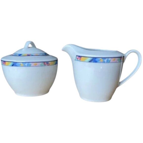 MARIENBAD INGRES creamer & sugar bowl MULTI COLOR ribbon trim on white porcelain - Picture 1 of 14